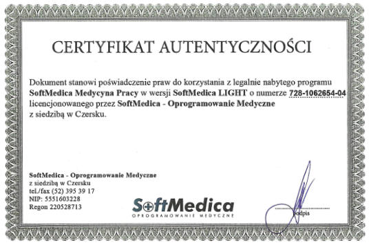 Certyfikat SoftMedica